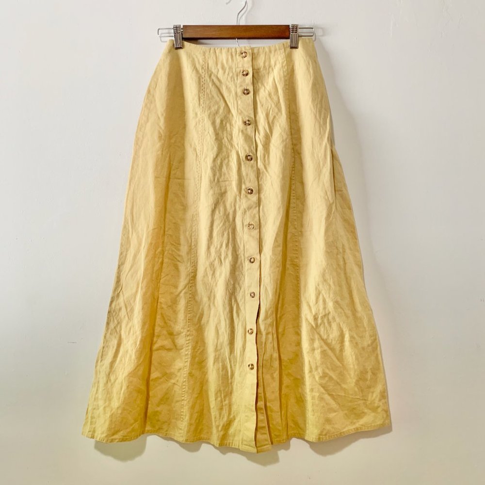 Vintage Linen Blend Butter Yellow Button Front Skirt sz XS or Small / S 2 4